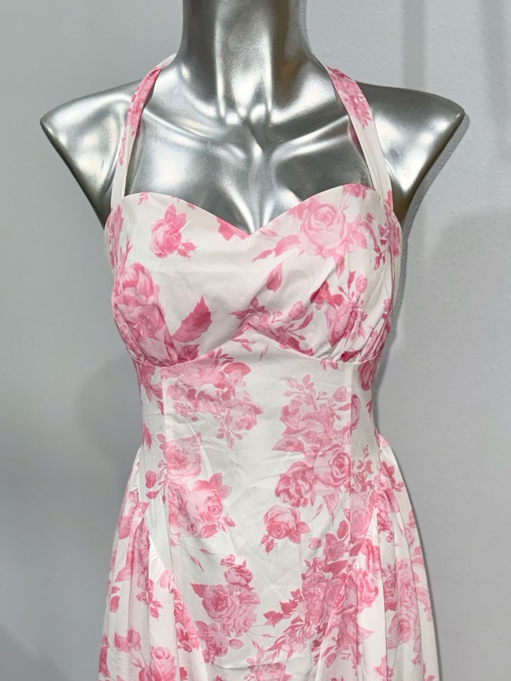 Strapless Pink Rose-Print Halter Sundress